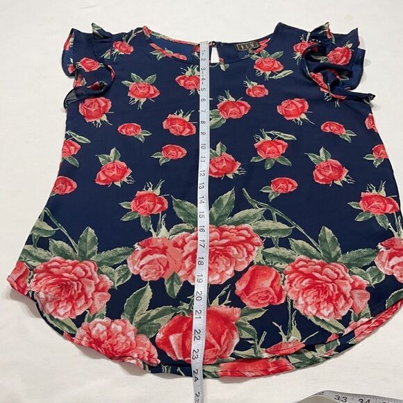 OLM Navy Res Roses Print Sheer Double Layer Ruffle Sleeves Sz M - Picture 8 of 12